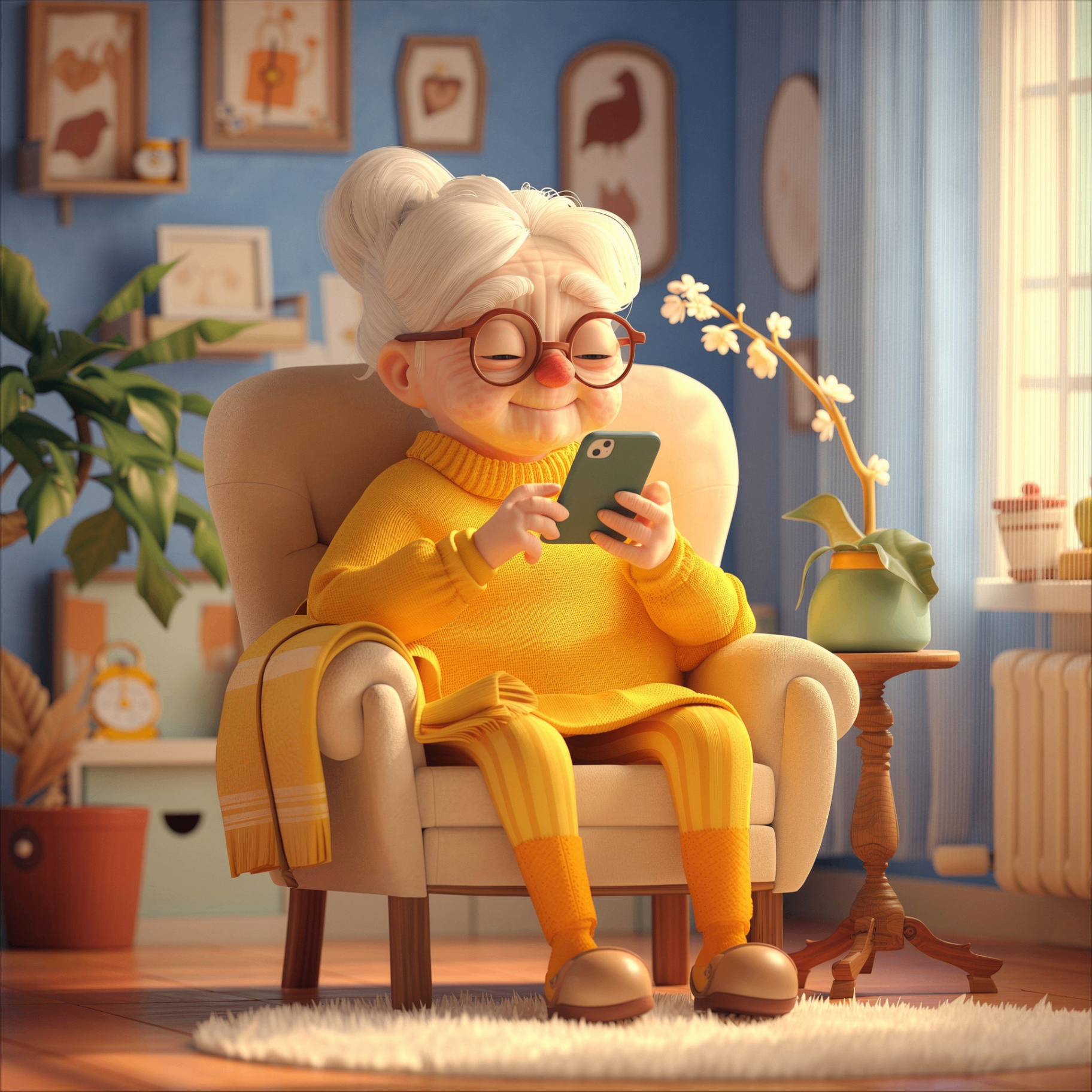 Smiling older woman using a tablet at home